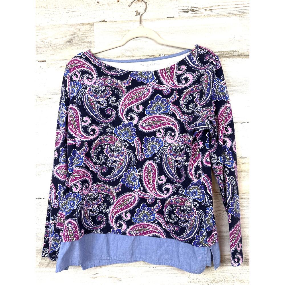 Talbots Womens M Vibrant Multi Paisley Long Sleeve Cotton Dress Tee Top